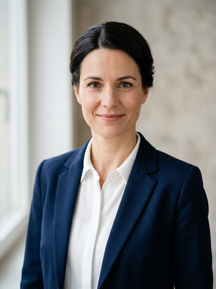 Professionell ausgeleuchtetes Bewerbungsfoto einer Frau im Navy-Blazer vor neutralem Hintergrund, Beispiel für ein Bild, das beim ersten Eindruck Vertrauen schafft