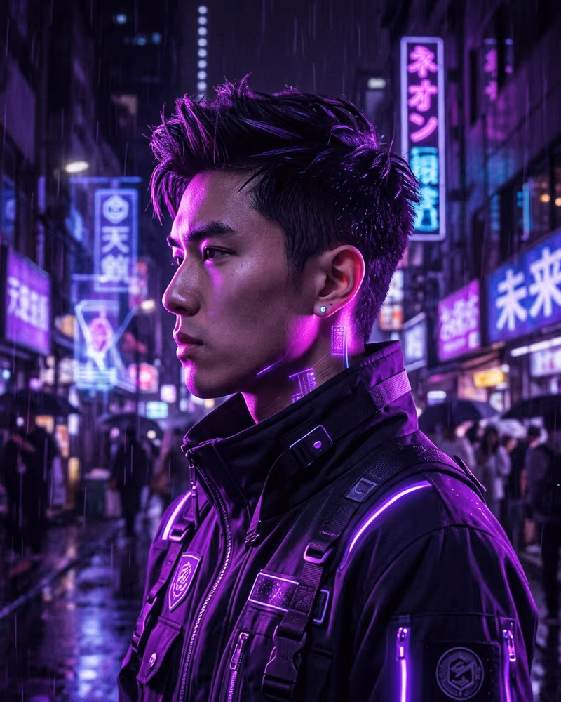 Lila Profilbild im Cyber-Purple-Stil: violettes Neon-Rim-Light vor dunklem Hintergrund