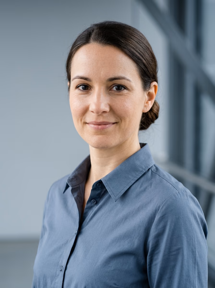 Lokführerin in schlichtem stahlblauem Hemd als ideale Bewerbungsfoto-Kleidung zwischen Anzug und Freizeitlook