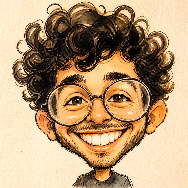 Karikatur Dasselbe Gesicht als Karikatur mit übergroßem Kopf und betont runder Brille