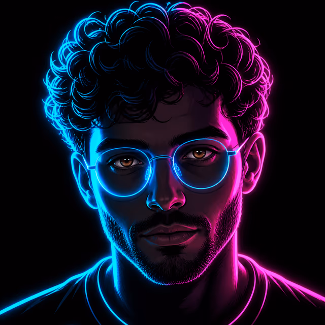 Neon Neon-Glow-Profilbild: dasselbe Gesicht vor schwarzem Grund mit cyan-violetter Lichtkante