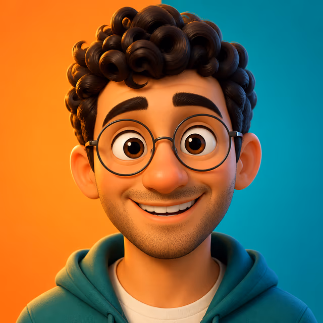 Pixar Selfie als Pixar-artiger 3D-Cartoon: junger Mann mit Locken und runder Brille als Animationsfigur