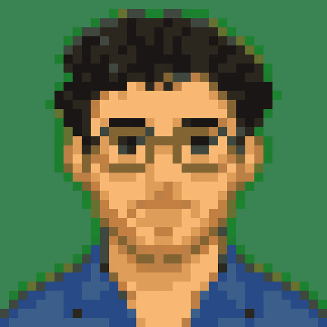 Dasselbe Gesicht als 8-Bit-Pixel-Sprite mit groben Quadraten und 16 Farben