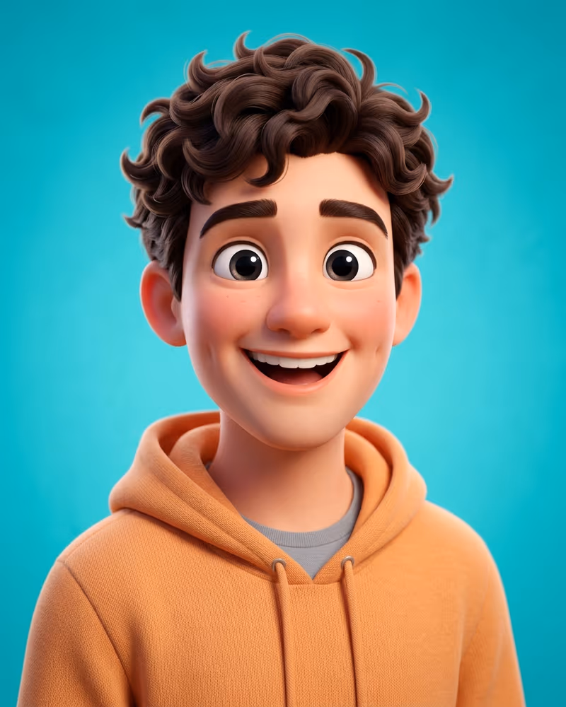 Lustiges Profilbild im 3D-Cartoon-Stil: grinsender junger Mann als Animations-Avatar vor Türkis