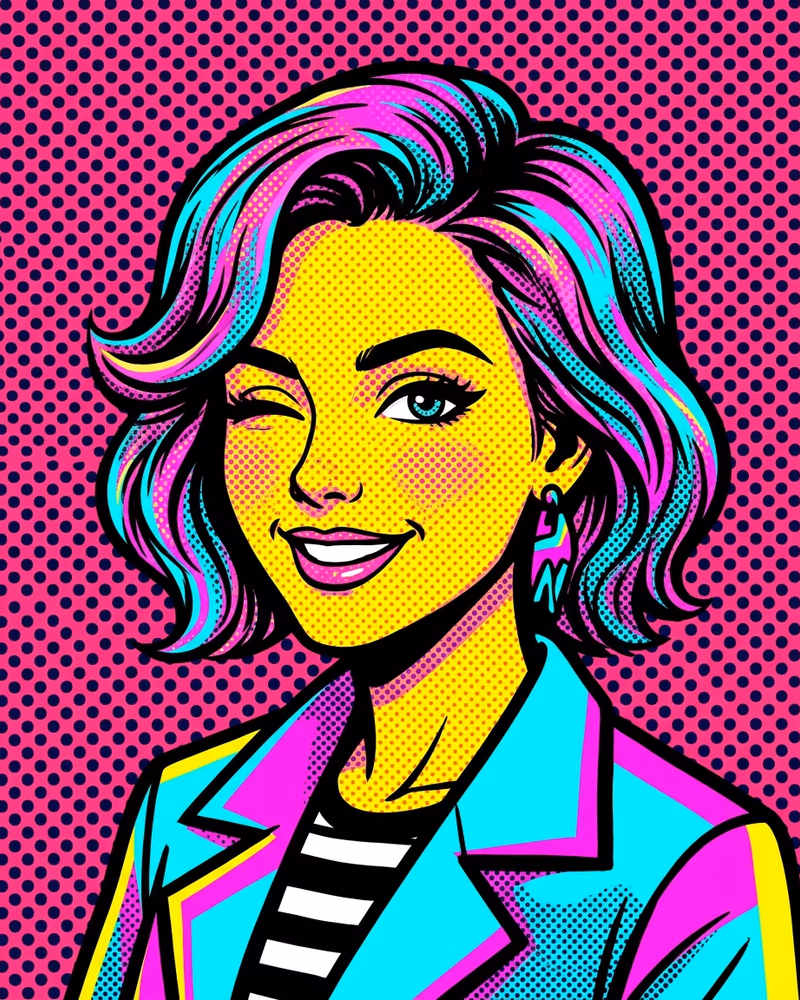 Lustiges Profilbild im Pop-Art-Stil: zwinkernde Frau als Comic-Porträt mit Halftone-Punkten