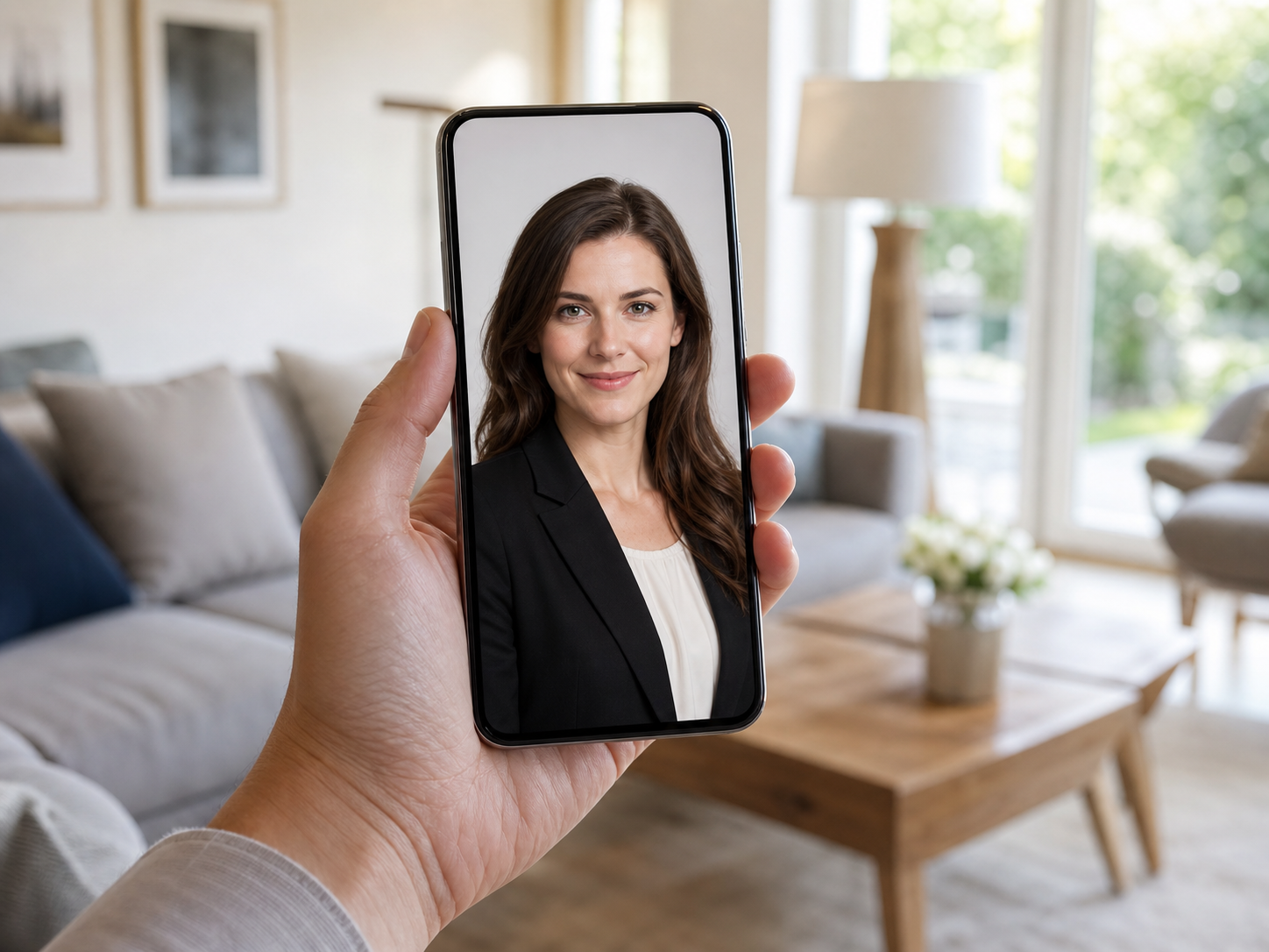 Fertiges professionelles KI-Bewerbungsfoto auf einem Smartphone-Display