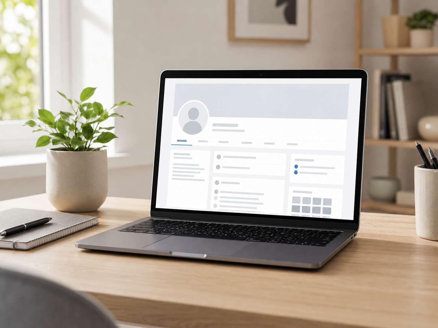 Laptop mit einem Profil-Layout und leerem rundem Profilbild-Platzhalter im Homeoffice