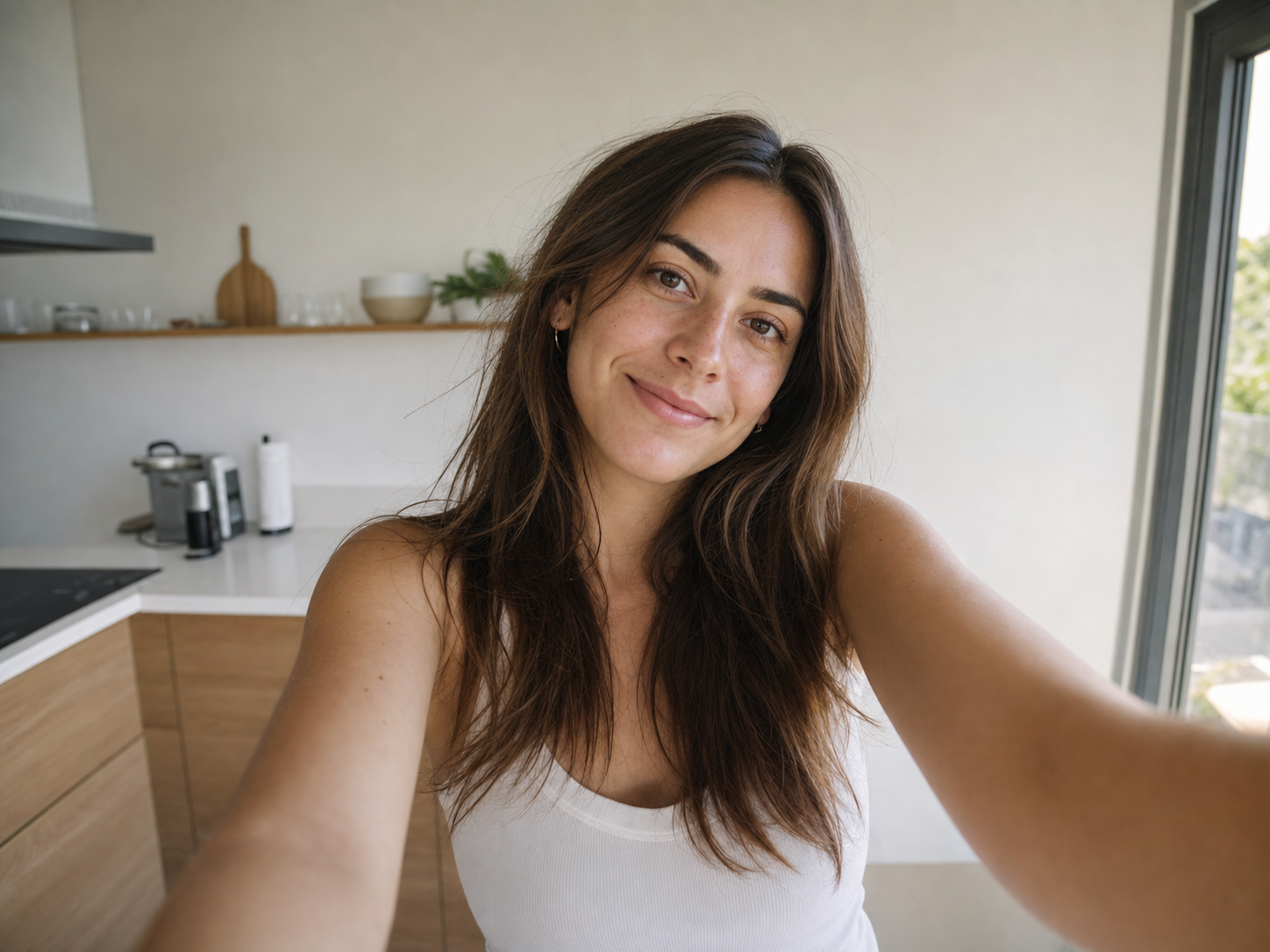 Frau macht ein Selfie in der K&uuml;che als Ausgangsmaterial f&uuml;r das KI-Bewerbungsfoto