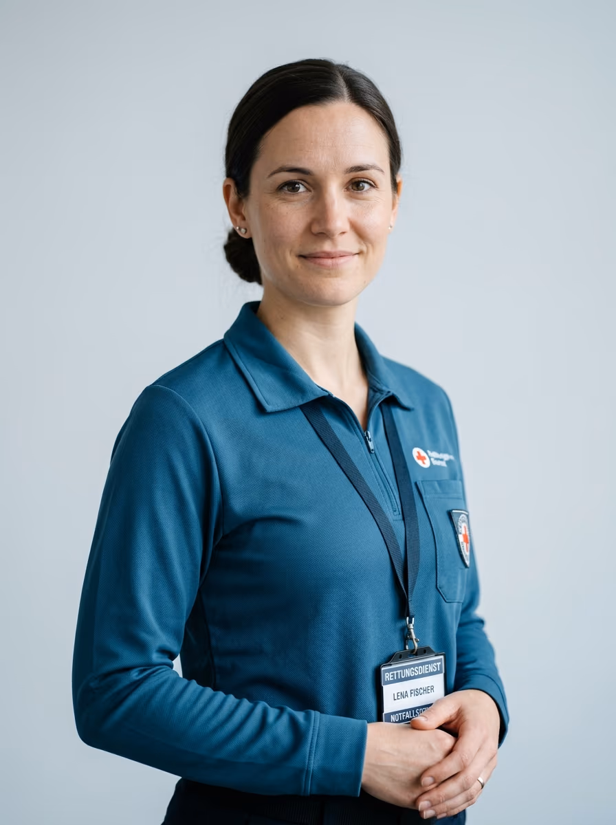 Ideales Notfallsanit&auml;ter-Bewerbungsfoto mit ruhigem, wachem Blick und dezentem, zugewandtem L&auml;cheln