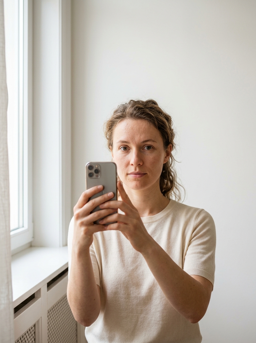 Frau am Fenster hält ein Smartphone auf Augenhöhe und macht ein frontales Selbstporträt vor einer hellen Wand