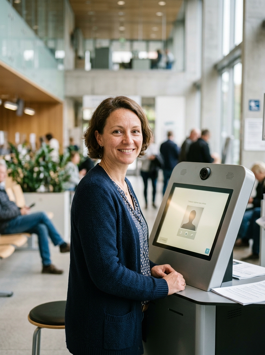 Person an einem digitalen Aufnahmesystem für biometrische Passbilder in einem hellen Bürgeramt