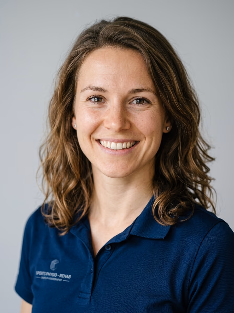 Sportphysiotherapeutin im navyblauen Funktions-Polo mit dynamischem, fittem Ausdruck f&uuml;r eine Reha-Bewerbung