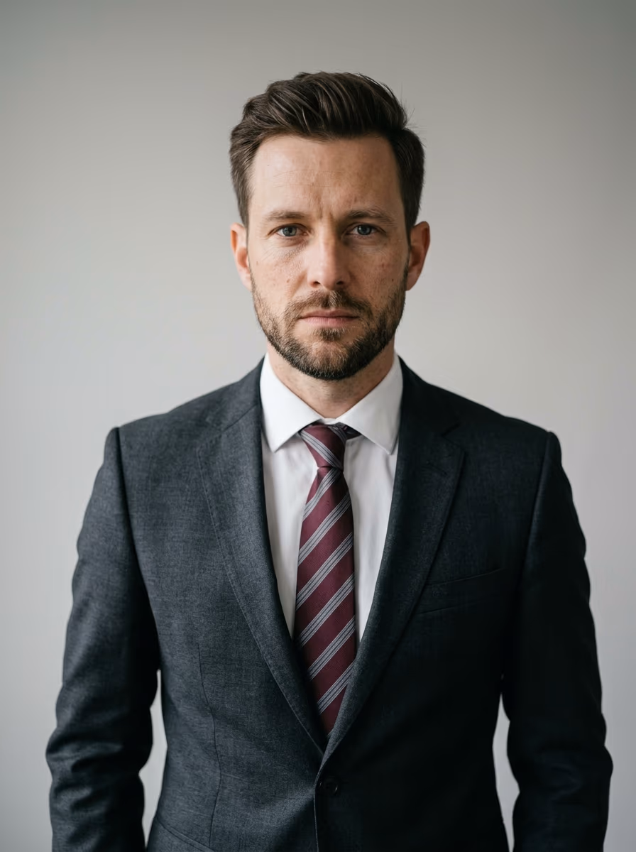 Physiotherapeut-Bewerbungsfoto mit zu steifer Anzug-Pose und distanziertem Ausdruck