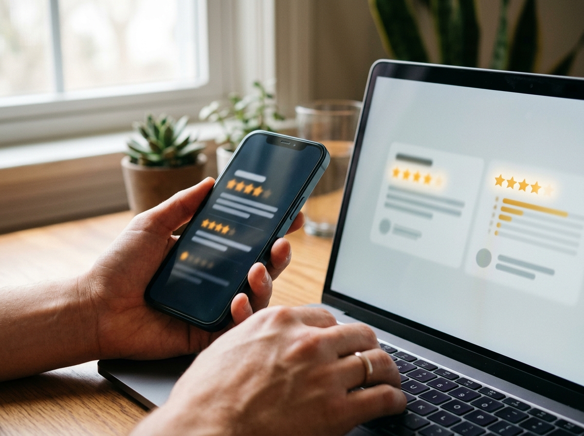 Person vergleicht Bewertungen auf Smartphone und Laptop nebeneinander
