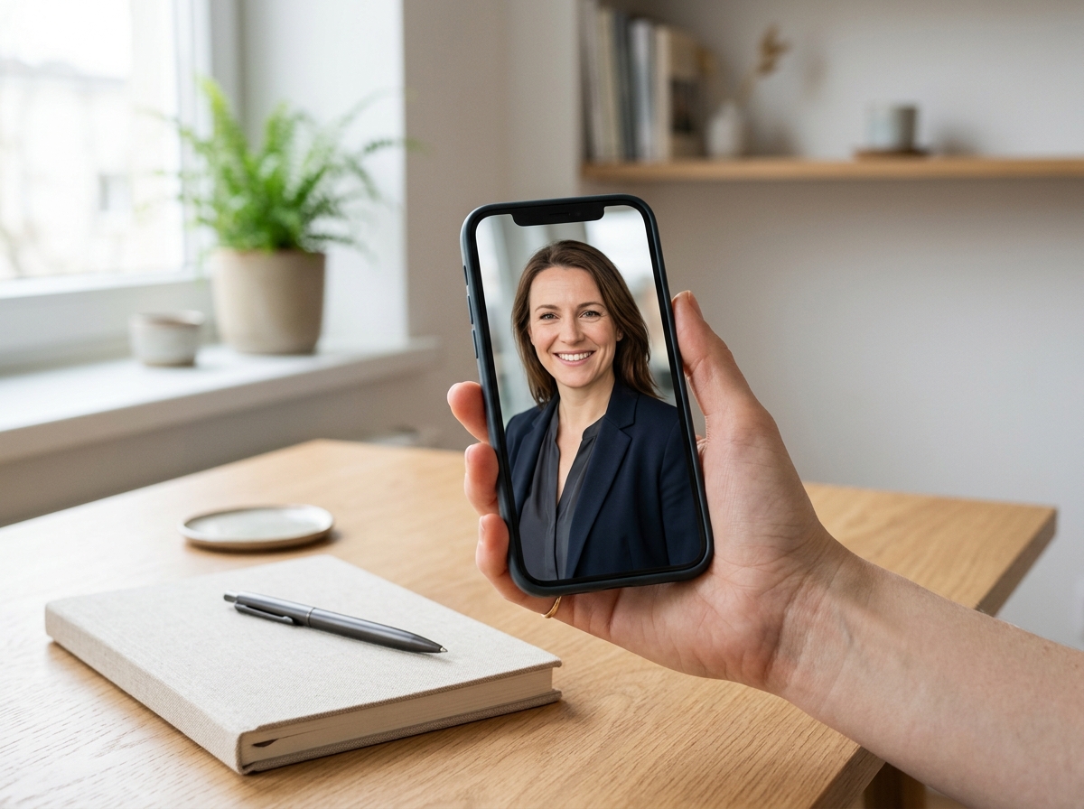 Fertiges professionelles KI-Bewerbungsfoto auf einem Smartphone-Bildschirm