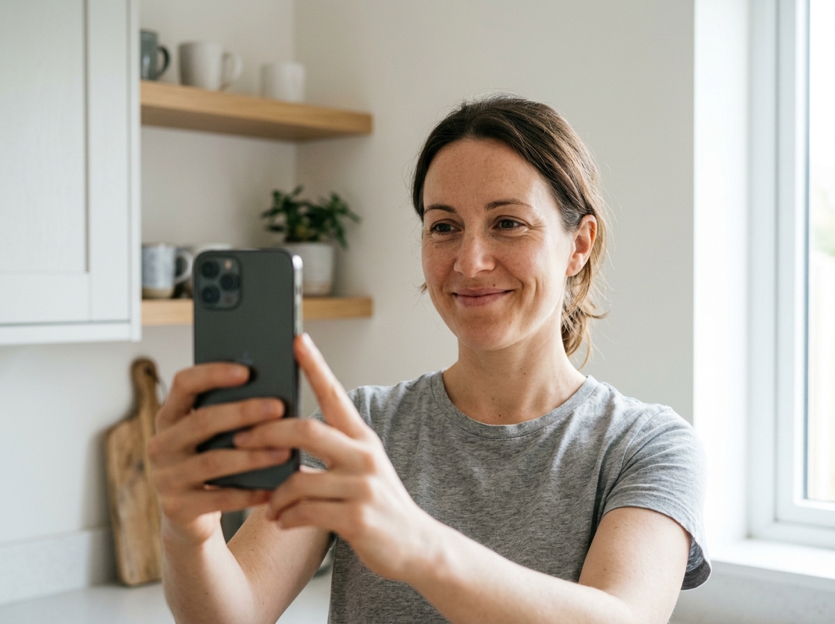 Person macht ein entspanntes Selfie in der K&uuml;che als Ausgangsmaterial f&uuml;r das KI-Bewerbungsfoto