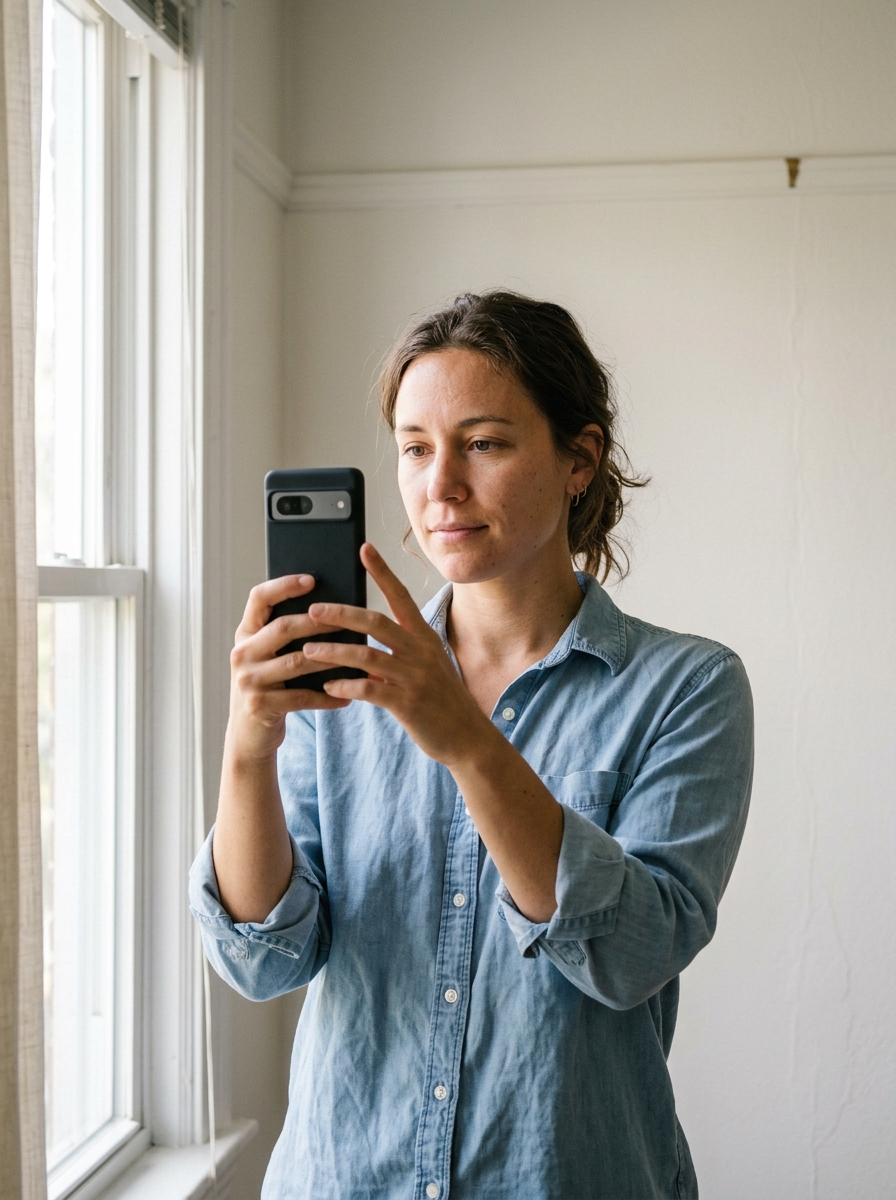 Frau macht ein einfaches Selfie am Fenster als Ausgangsmaterial für das KI-Bewerbungsfoto