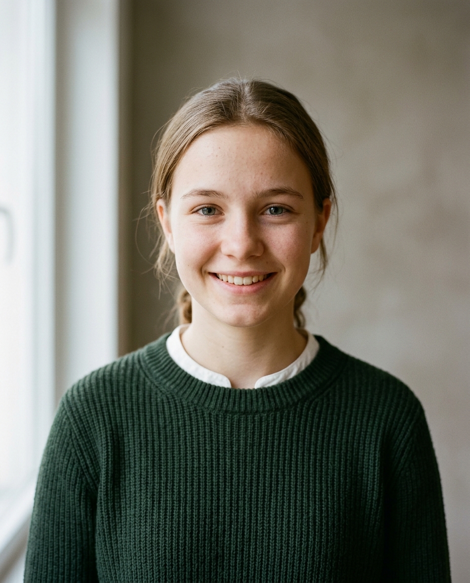 Sechzehnjährige Schülerin im weichen Strickpullover mit warmem Lächeln als Beispiel für ein Bewerbungsfoto im sozialen Bereich