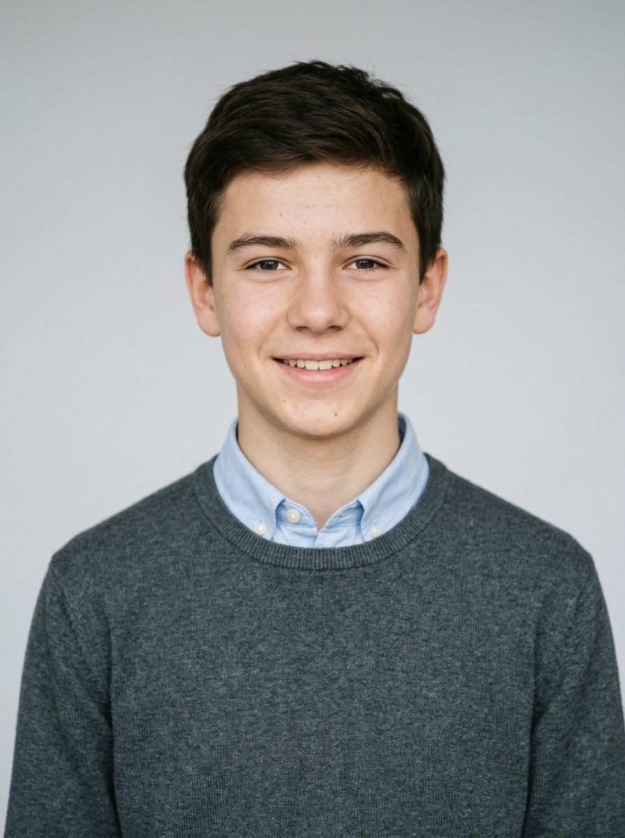 Fünfzehnjähriger Schüler im grauen Pullover über Kragen mit ruhigem freundlichem Blick als Schülerpraktikum-Beispiel