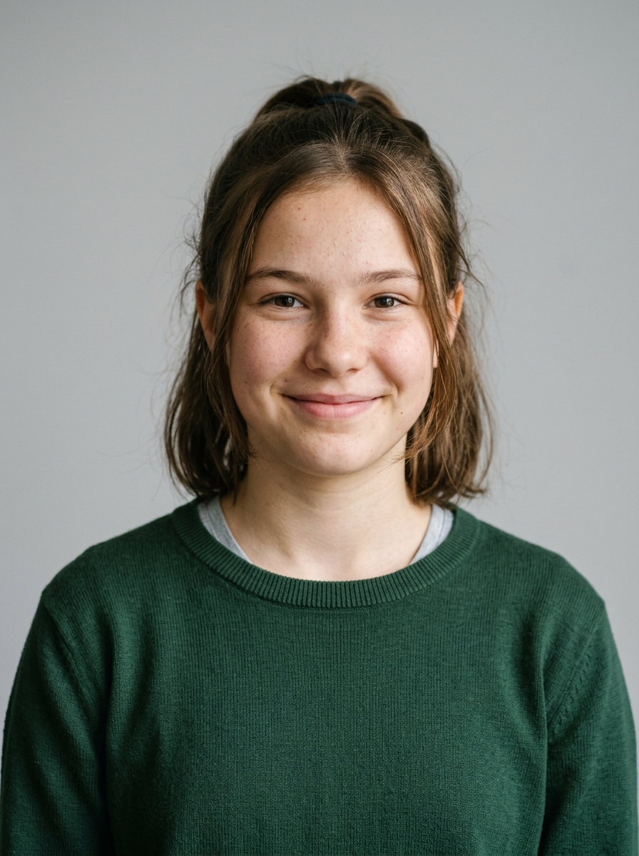 Vierzehnjährige Schülerin im schlichten dunkelgrünen Pullover mit natürlichem Lächeln als Beispiel fürs Schülerpraktikum-Foto