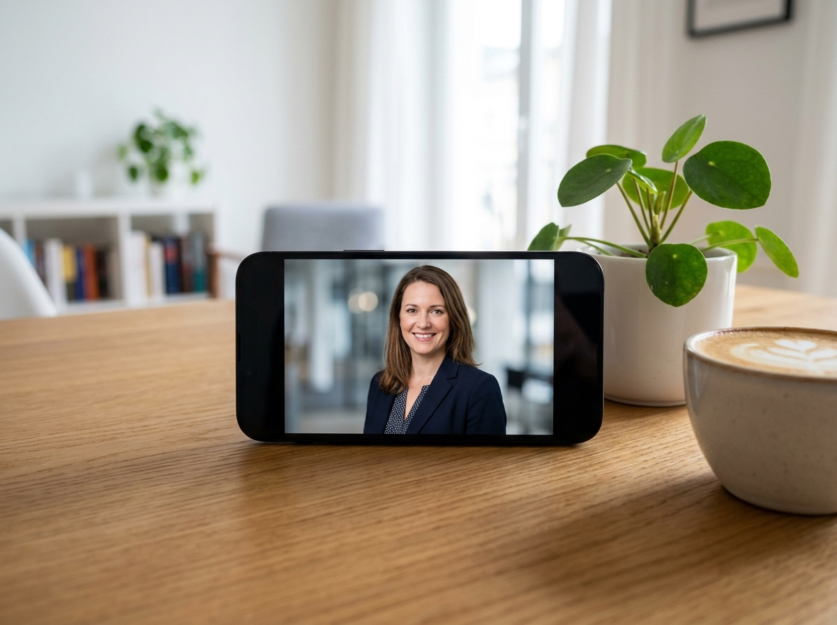 Fertiges professionelles KI-Bewerbungsfoto auf einem Smartphone