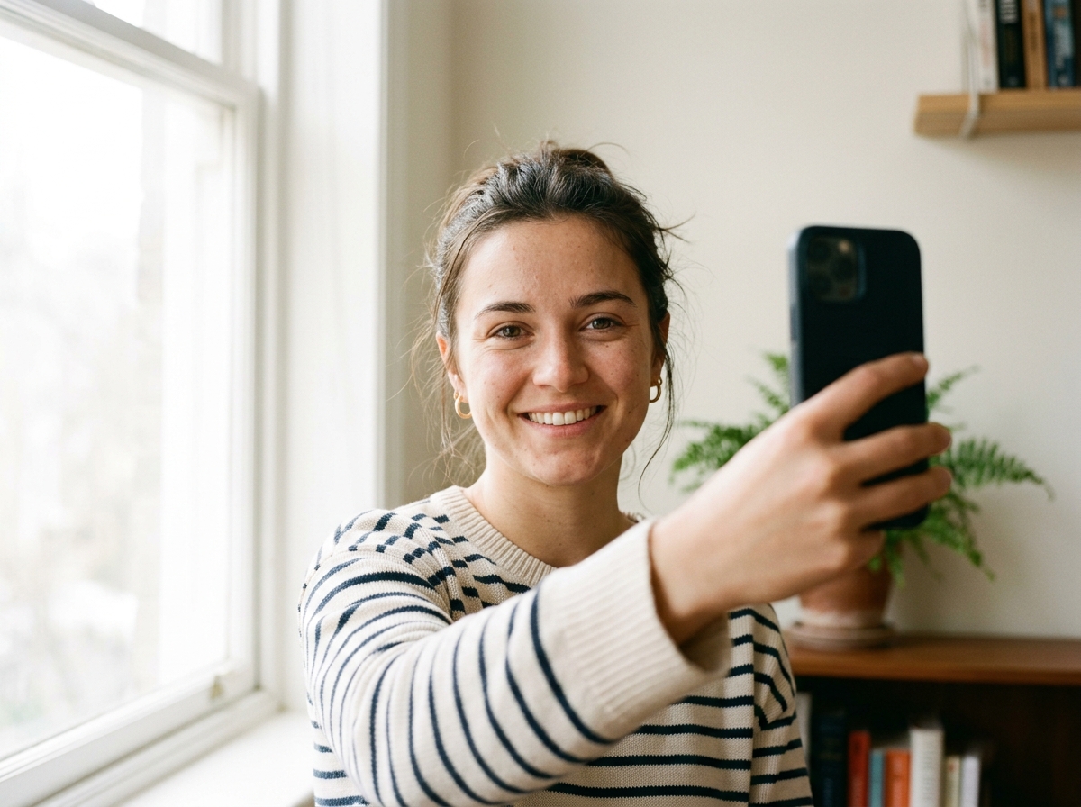 Person macht ein Selfie am Fenster als Ausgangsmaterial f&uuml;r das KI-Bewerbungsfoto