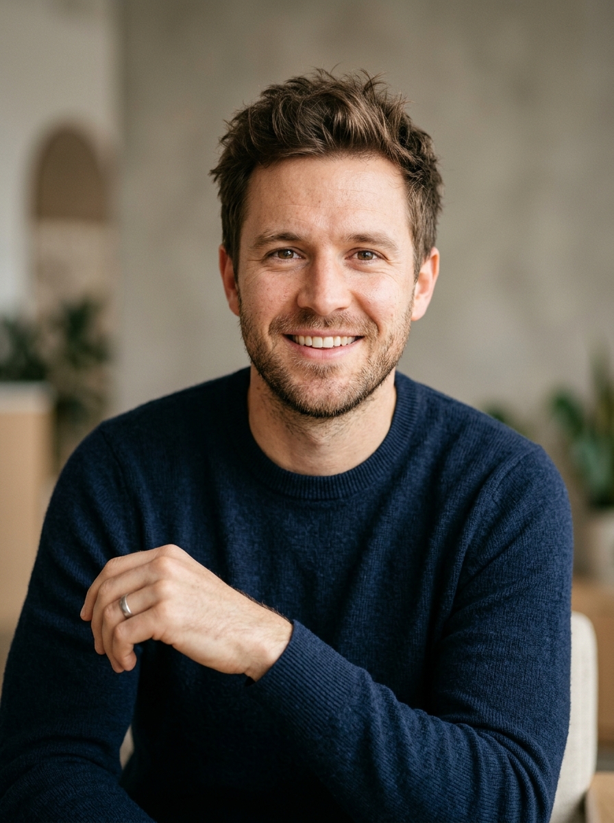 Teams-Profilbild im lockeren Smart-Casual-Stil ohne Blazer mit offenem Lächeln