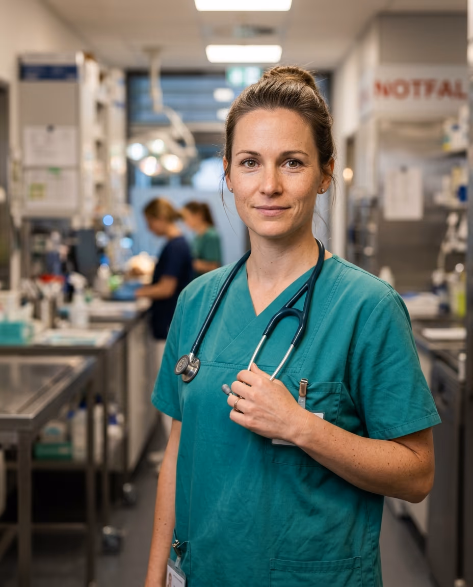 Tierarzt-Profilfoto Tierklinik und Notdienst: klinisches OP-Gr&uuml;n, konzentrierter souver&auml;ner Ausdruck f&uuml;r Notfallkompetenz