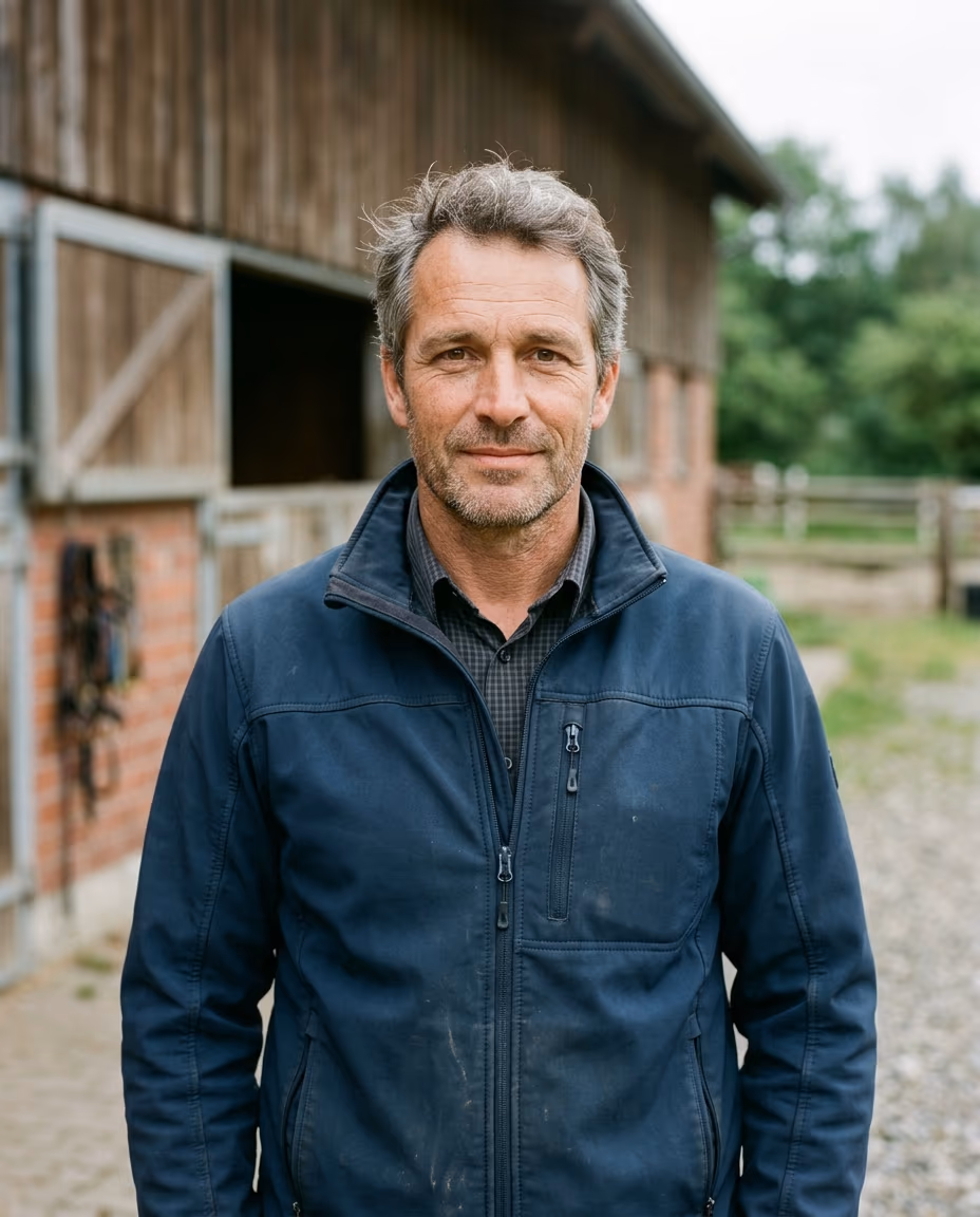 Tierarzt-Profilfoto Pferdepraxis: robuste dunkelblaue Softshelljacke statt Kittel, bodenst&auml;ndig-kompetenter Blick