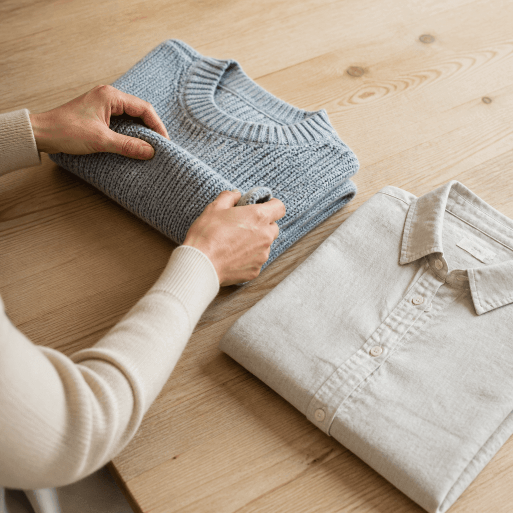 Zwei H&auml;nde falten einen gestrickten Pullover auf einem hellen Holztisch, daneben ein zusammengelegtes Leinenhemd