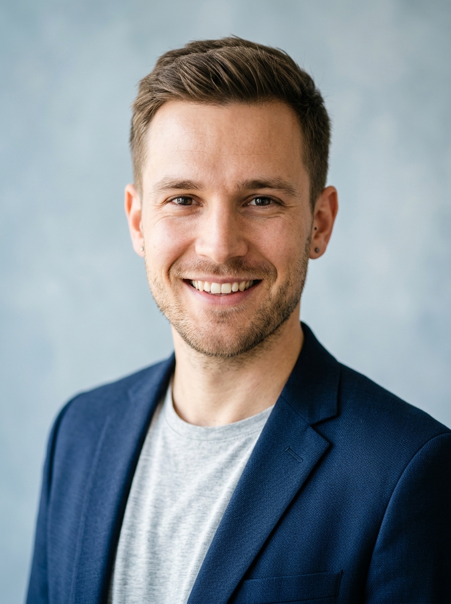 Mann im Blazer ohne Krawatte mit offenem L&auml;cheln als Beispiel f&uuml;r ein modernes Business-Casual-Bewerbungsfoto