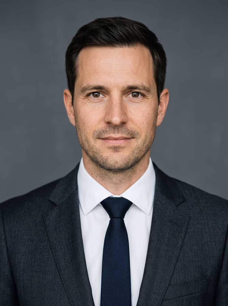 Retrato formal de un hombre con traje oscuro, corbata y fondo gris