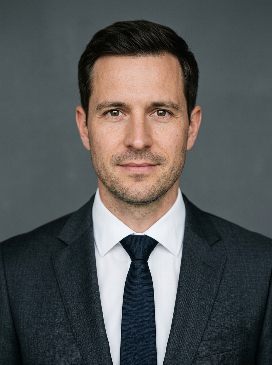 Mann im Anzug mit Krawatte vor anthrazitfarbenem Hintergrund als Beispiel f&uuml;r ein klassisches formelles Bewerbungsfoto