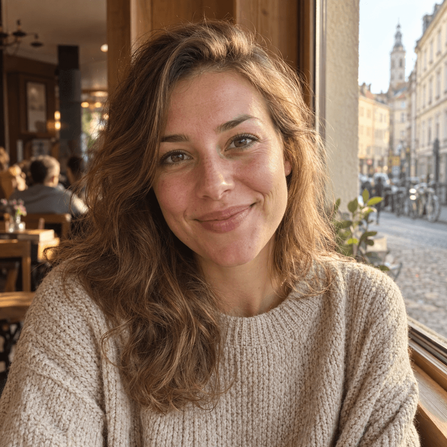 Beispiel im Stil Dating Authentic: Frau im hellen Strickpullover am Caféfenster in warmem Nachmittagslicht
