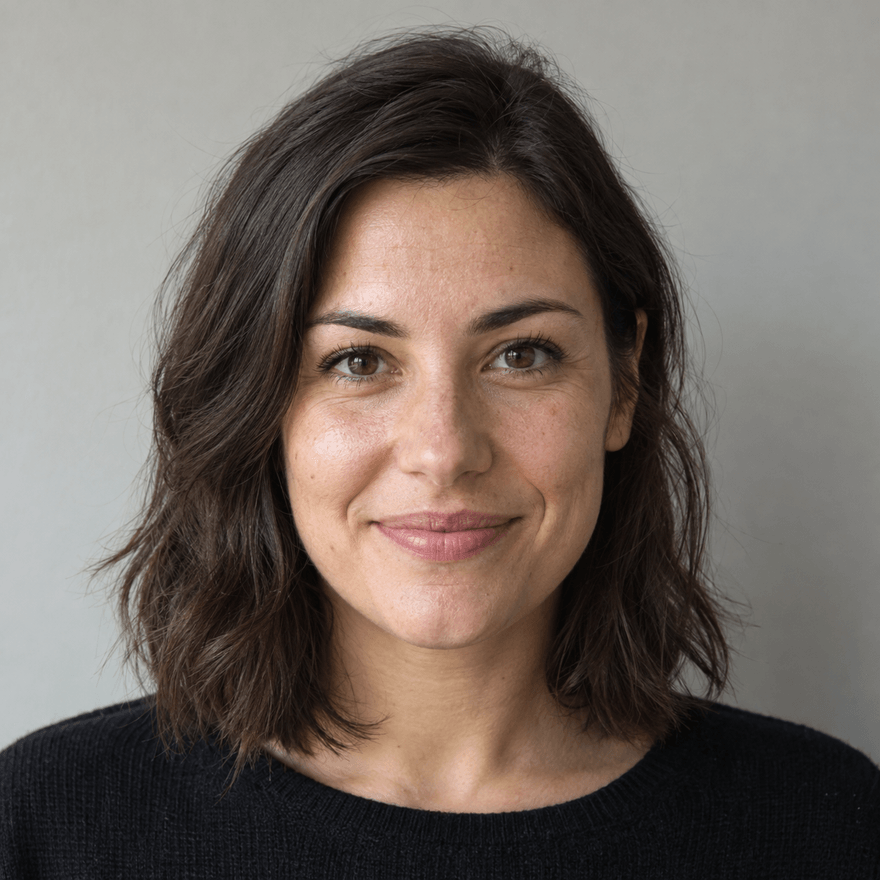 Quadratisches Profilbild einer Frau mit dunklen Haaren vor hellgrauer Wand, Gesicht mittig, etwas Luft über dem Kopf