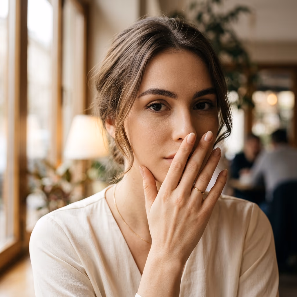 Hand Detail WhatsApp Profilbild Trend 2026 Hand am Gesicht Editorial Cafe