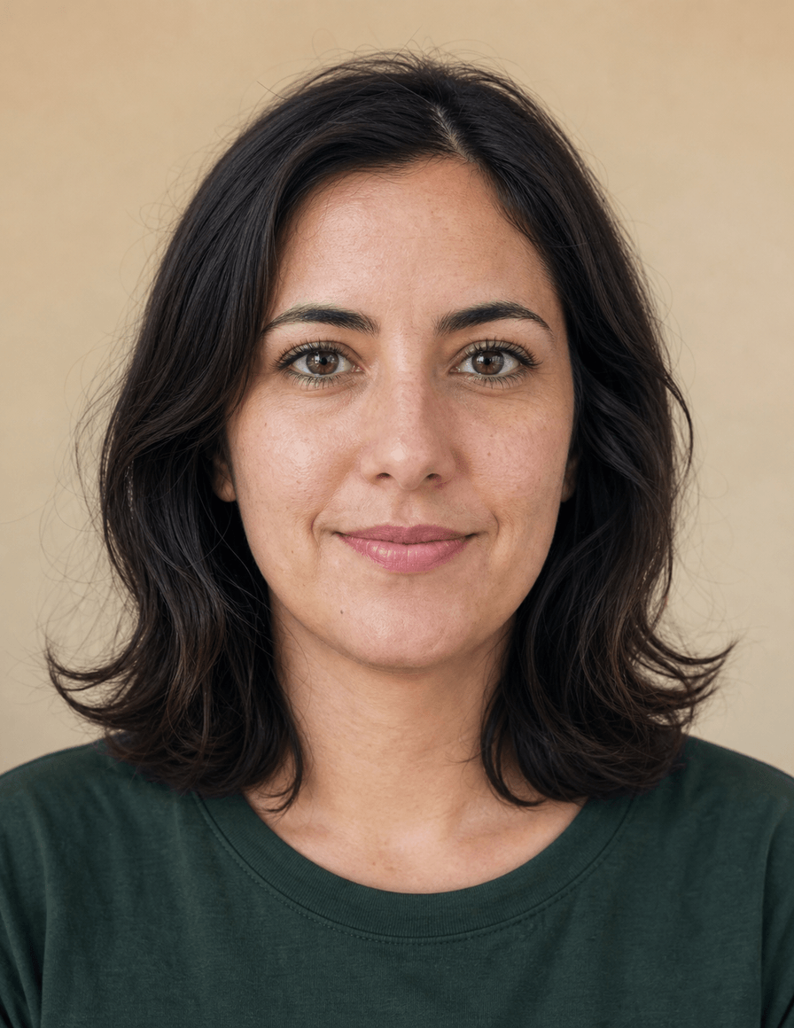 Nahe Portr&auml;taufnahme einer Frau vor warm beiger Wand, Gesicht f&uuml;llt einen gro&szlig;en Teil des Bildes